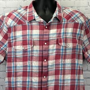 Lucky Brand Pearl Snap Button Front Shirt Red Plaid Western Short Sleeve 2XL XXL